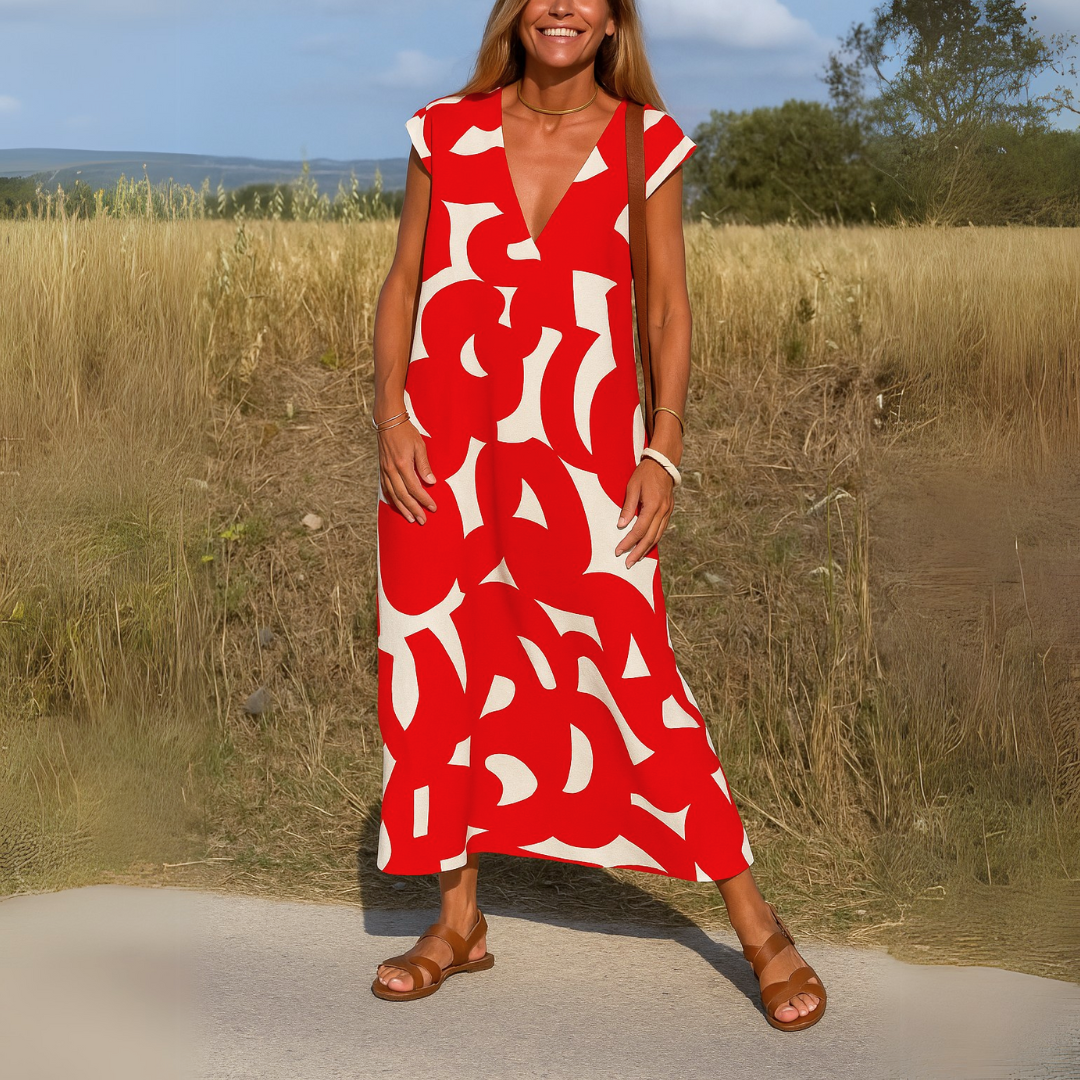 Robe Midi Col V Amawinc Imprimé Abstrait Respirante Et Structurée Pour Printemps Été