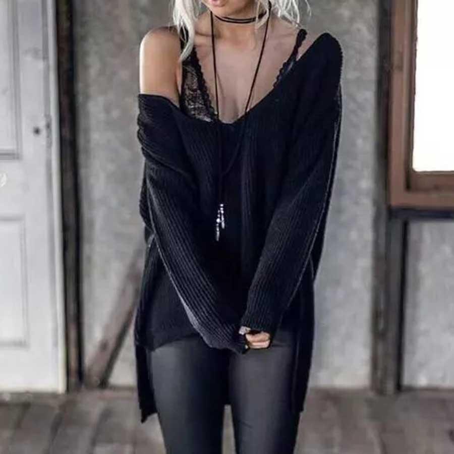 Damen Grobstrickpullover mit tiefem V-Ausschnitt und weiten Ärmeln Amawinc