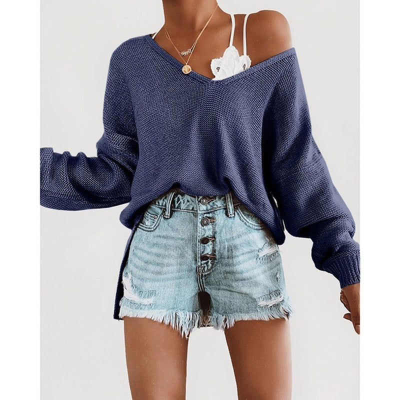 Damen lässiger Pullover mit tiefem V-Ausschnitt und überschnittenen Ärmeln Amawinc