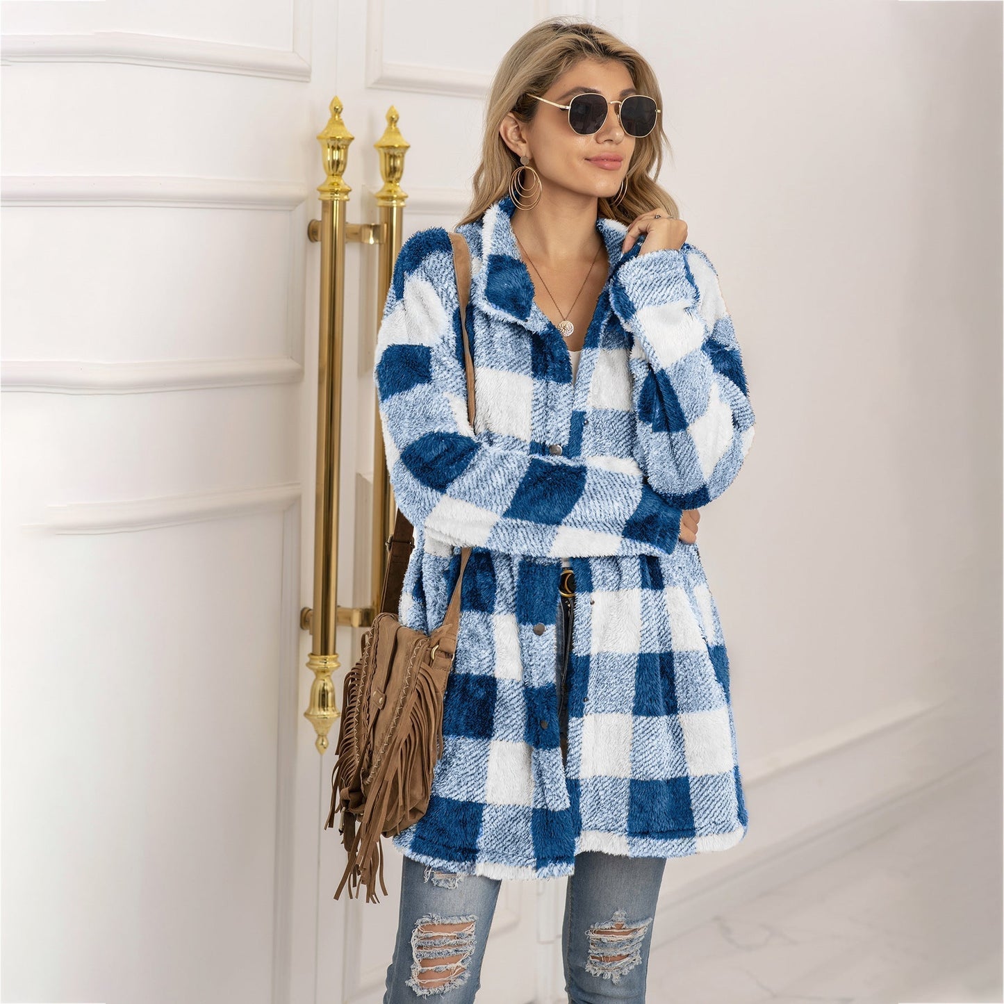 Veste Longue Polaire À Carreaux Colorblock Pour Femme Chaude Confortable Et Élégante Hiver Essentielle