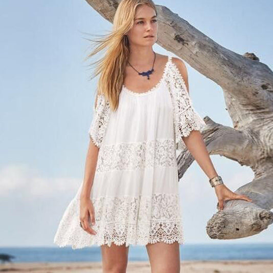 Women's Beach Dress - Cold Shoulder Lace - Casual Summer Outfit - Amawinc