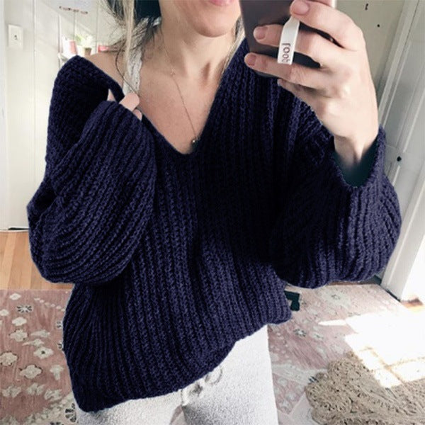 Damen Grobstrickpullover mit lässigem V-Ausschnitt und weiten Ärmeln Amawinc