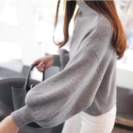 Damen Pullover mit voluminösen Ärmelabschlüssen und hohem Kragen Amawinc