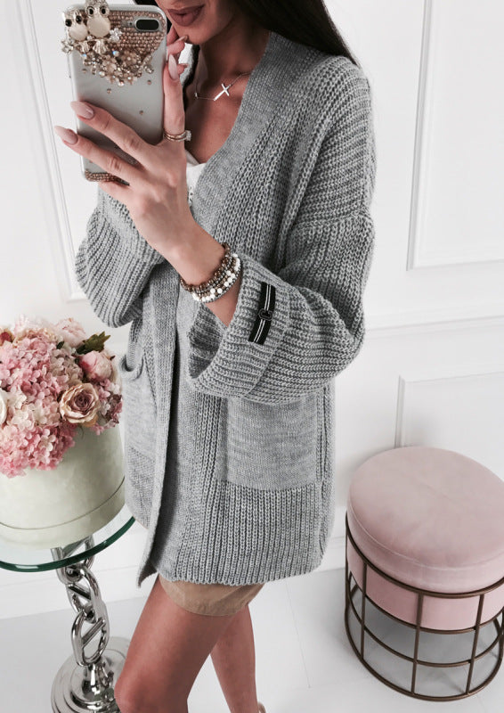 Damen Grobstrick Cardigan mit modischen Details und Taschen Amawinc