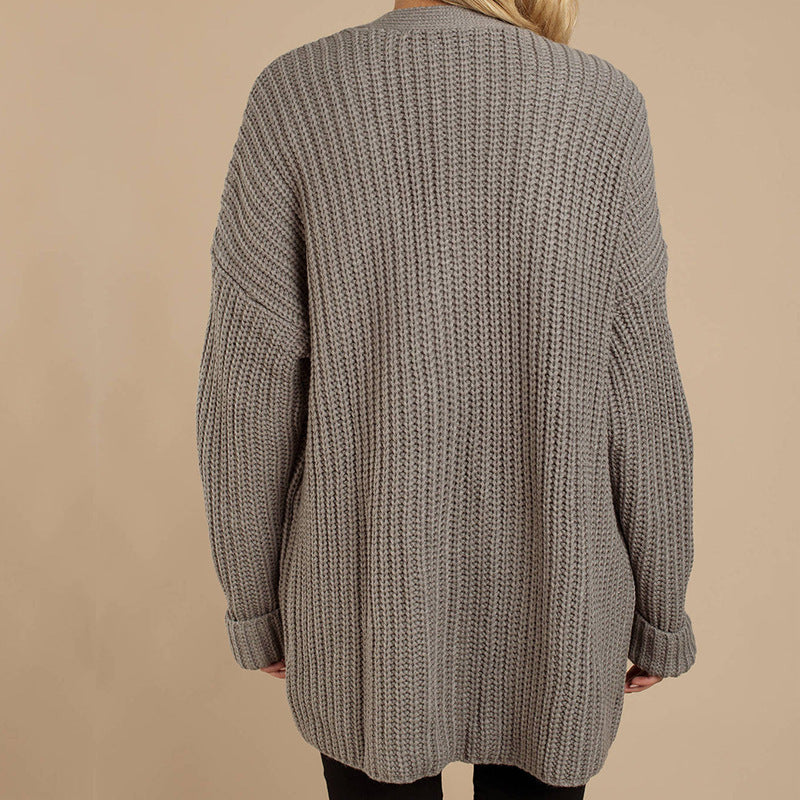 Damen Grob gestrickte Kuscheljacke mit tiefem V-Ausschnitt und lässigem Schnitt Amawinc