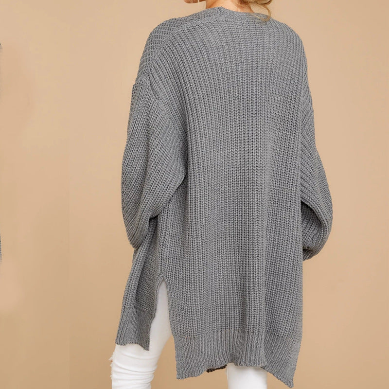 Damen Grobstrick Pullover mit weitem Schnitt und seitlichen Schlitzen Amawinc