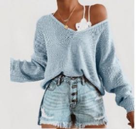 Damen lässiger Pullover mit tiefem V-Ausschnitt und überschnittenen Ärmeln Amawinc