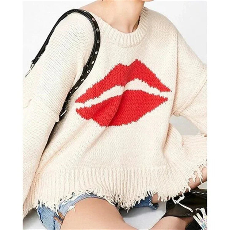 Pull Femme Tricot Chunky En Laine Mélangée Coupe Oversize Courte Motif Lèvre Ourlet Frangé