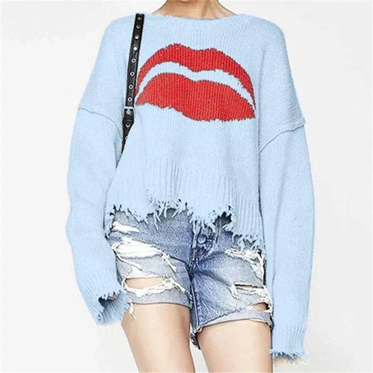 Pull Femme Tricot Chunky En Laine Mélangée Coupe Oversize Courte Motif Lèvre Ourlet Frangé