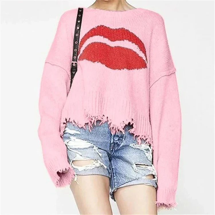 Pull Femme Tricot Chunky En Laine Mélangée Coupe Oversize Courte Motif Lèvre Ourlet Frangé
