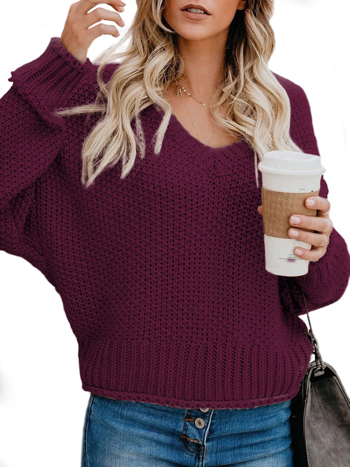 Damen Grobstrickpullover mit V-Ausschnitt und lässiger Passform Amawinc