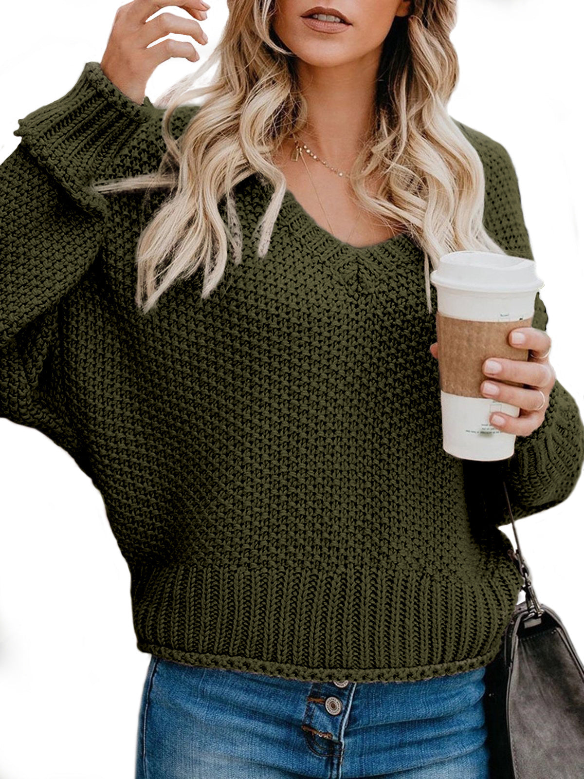 Damen Grobstrickpullover mit V-Ausschnitt und lässiger Passform Amawinc