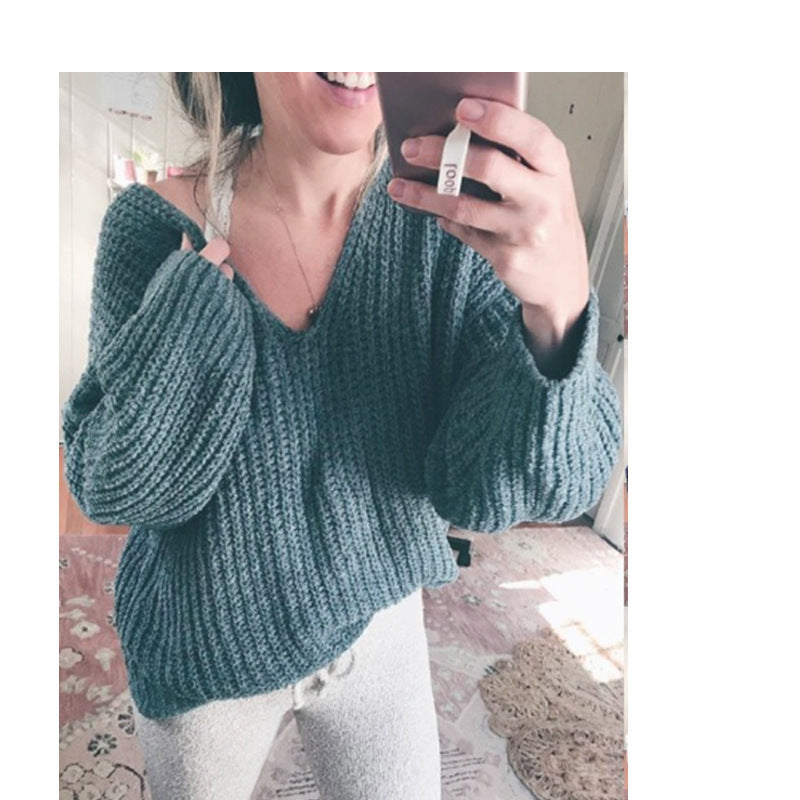 Damen Grobstrickpullover mit lässigem V-Ausschnitt und weiten Ärmeln Amawinc