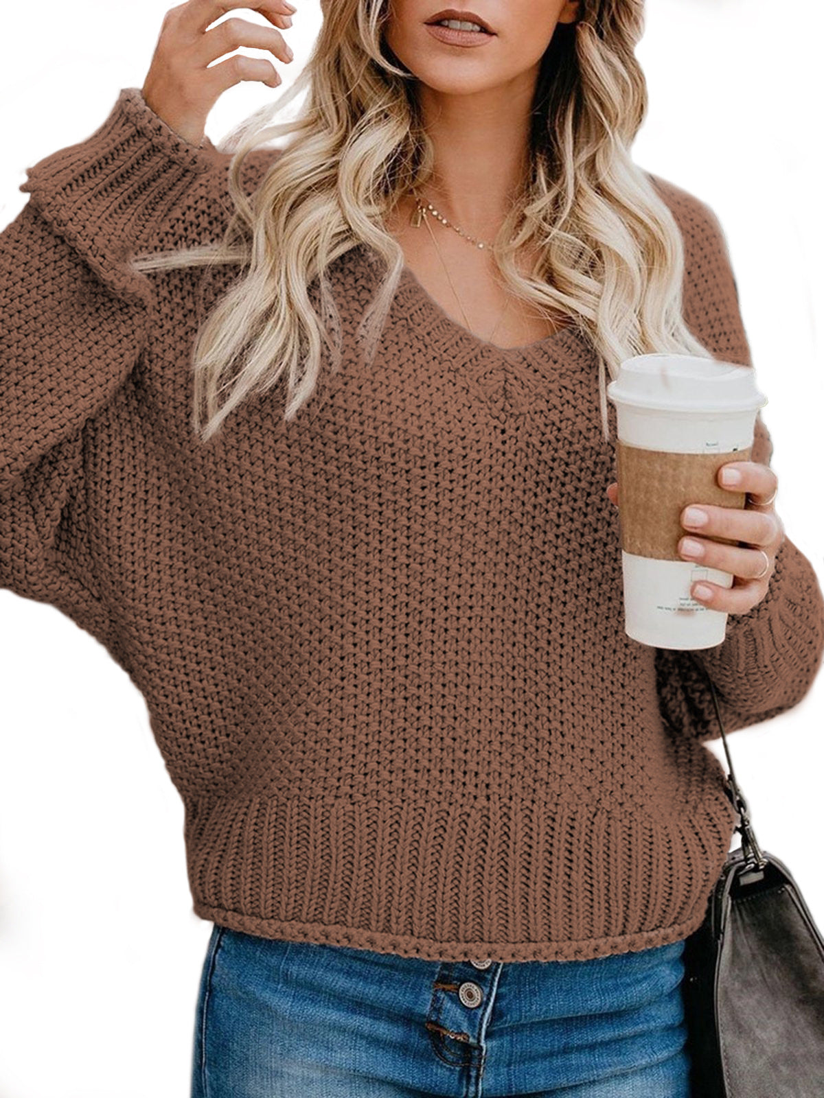 Damen Grobstrickpullover mit V-Ausschnitt und lässiger Passform Amawinc