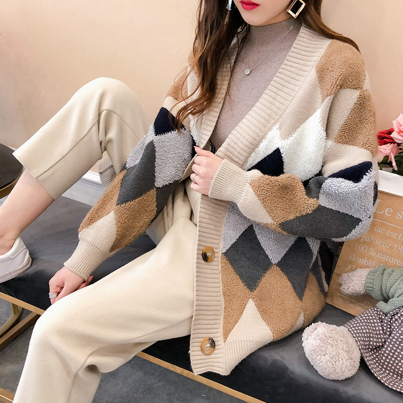 Damen lockerer Strickcardigan mit geometrischem Muster Amawinc