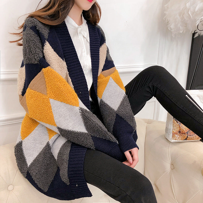 Damen lockerer Strickcardigan mit geometrischem Muster Amawinc