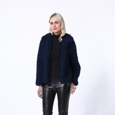 Damen Modischer Kunstpelzjacke mit elegantem Kragen und seitlichen Taschen Amawinc