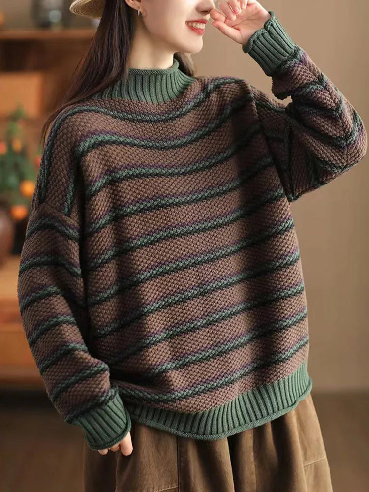 Pull Décontracté À Rayures Nordiques Col Montant Maille Côtes Manche Longue Idéal Pour Style Décontracté