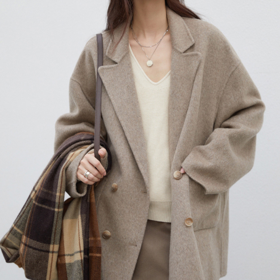 Manteau Trench en Laine Mélangée Luxueux Isolation Supérieure Confort Coupe Oversize Décontractée Boutonnage Double