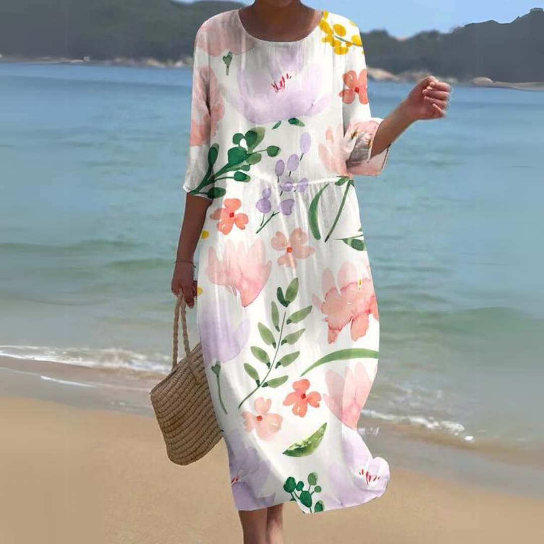 Robe Midi Florale Femme Légère Et Aérée Imprimé Floral Manches Trois Quarts Encolure Ronde Pour Été Confort