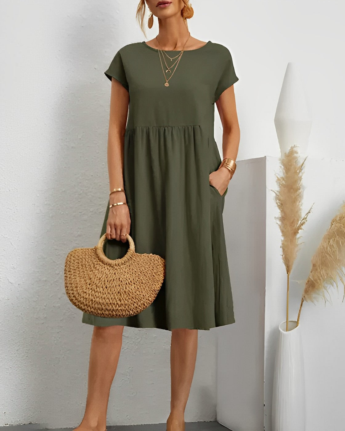 Robe Midi Femme Décontractée Avec Manches Courtes Encolure Ronde Et Poches Pratiques Amawinc