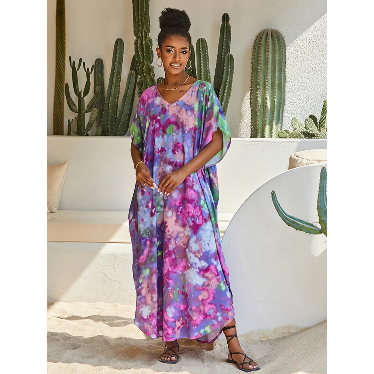 Amawinc Kaftan Femme Décontracté Col En V Plage Léger Et Aérien Vêtement De Plage