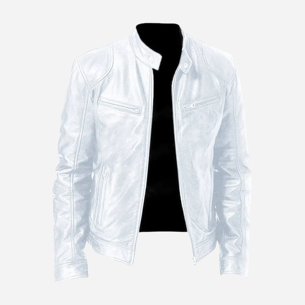 Veste Biker Homme en Cuir Véritable Slim Fit Col à Pressions et Fermeture Éclair