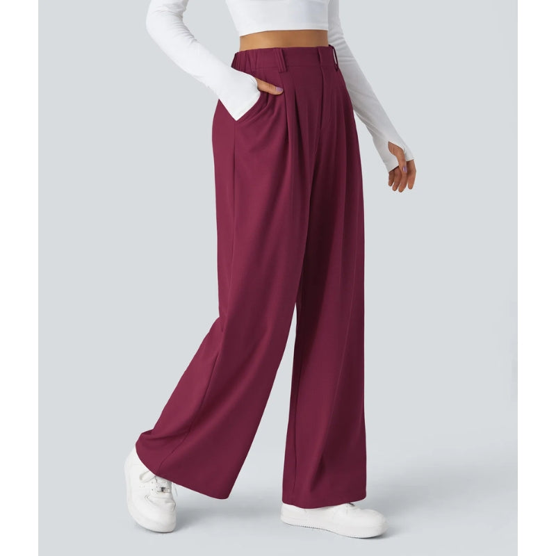Nomi Pantalon Femme Taille Haute En Maille Gaufre Extensible Coupe Large Drapé Doux Confortable