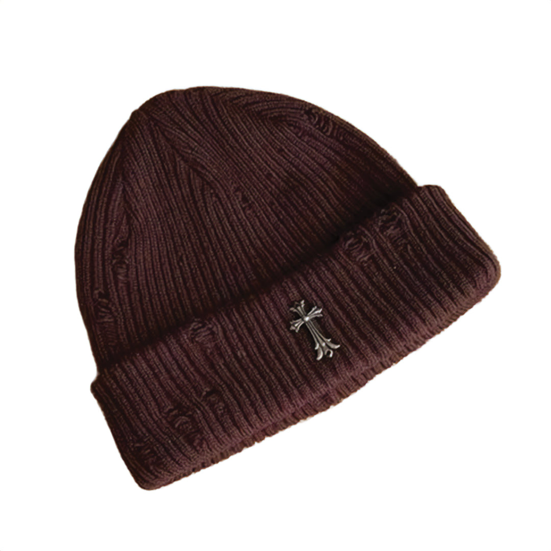 Bonnet Côtelé En Tricot Avec Croix Métal Distress Coton Polyester Pour Temps Froids Style Streetwear Confortable