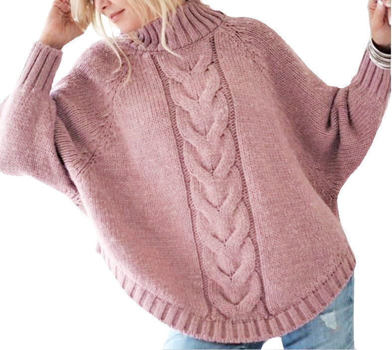 Damen modischer Strickpullover mit Zopfmuster und hohem Kragen Amawinc