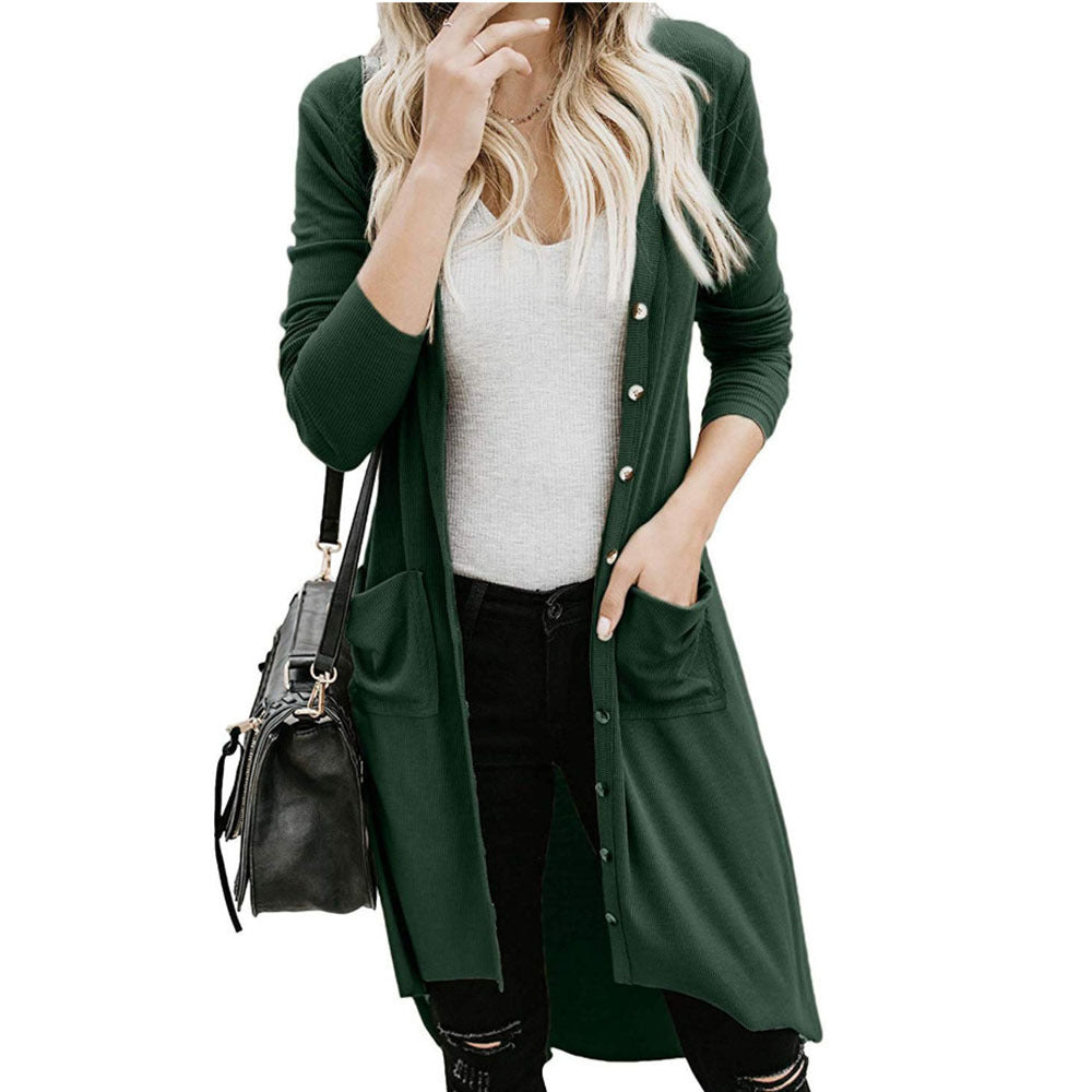 Damen langer Cardigan mit Knopfleiste und Taschen Amawinc