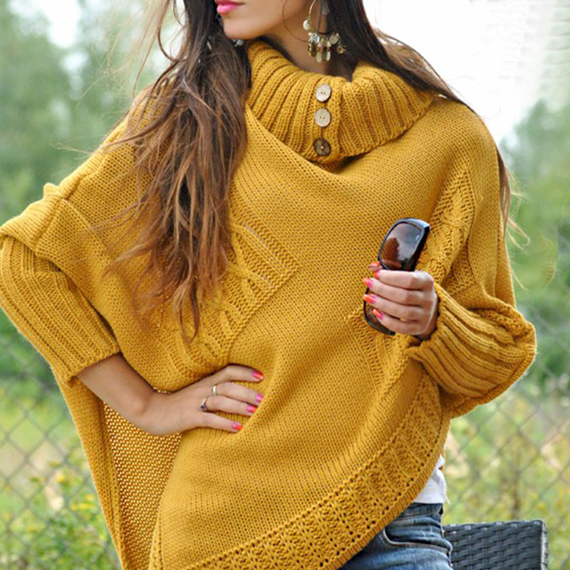 Damen Strickponcho mit hohem Kragen und Knopfdetails Amawinc
