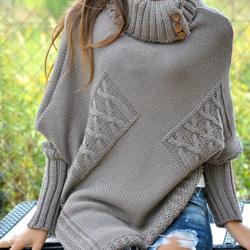Damen Strickponcho mit hohem Kragen und Knopfdetails Amawinc