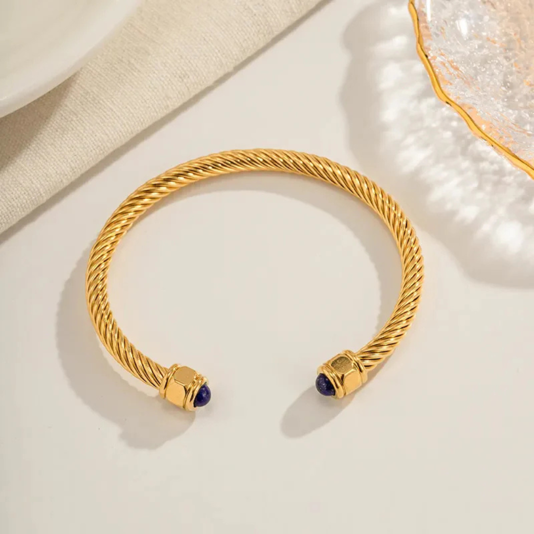 Bracelet Plaqué Or 18K Virelle Bande Torsadée En Corde Avec Pierres Naturelles Polies Résistant À Oxydation Inoxydable