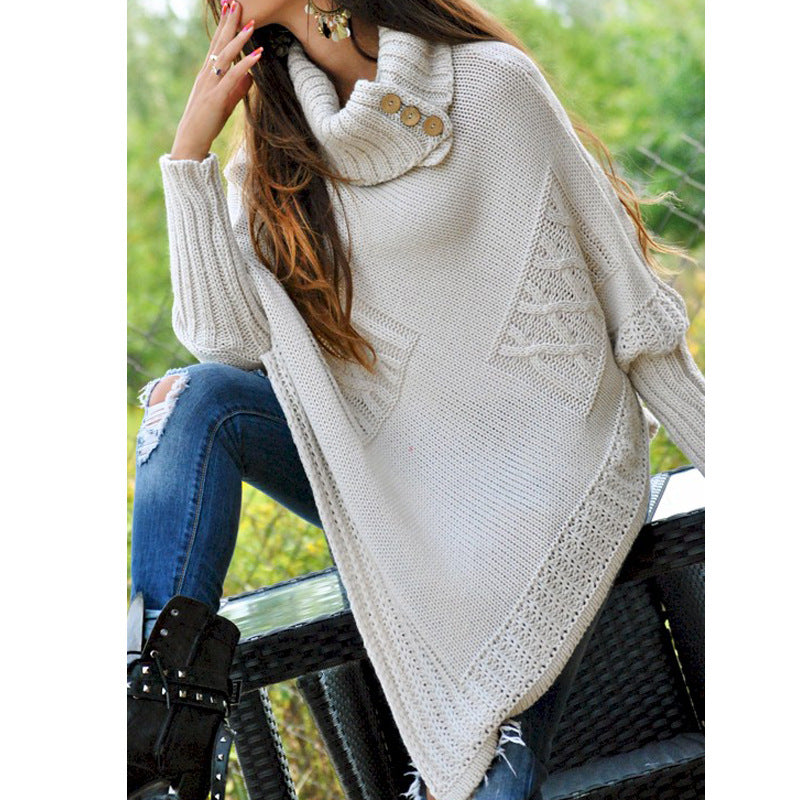 Damen Strickponcho mit hohem Kragen und Knopfdetails Amawinc