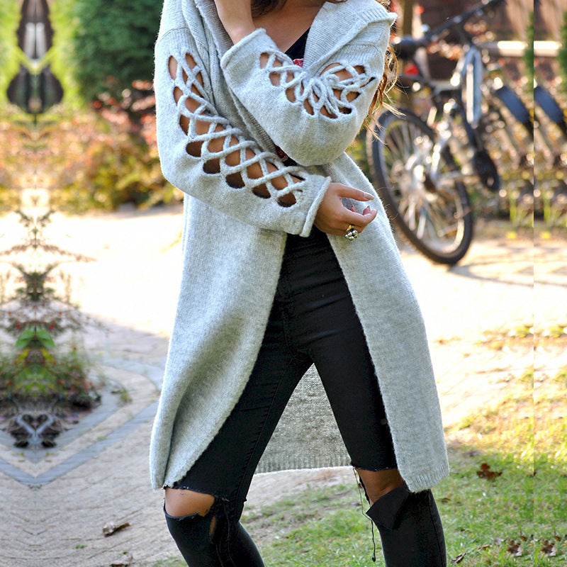 Damen stylische Strickjacke mit floralem Muster und offenen Ärmeln Amawinc