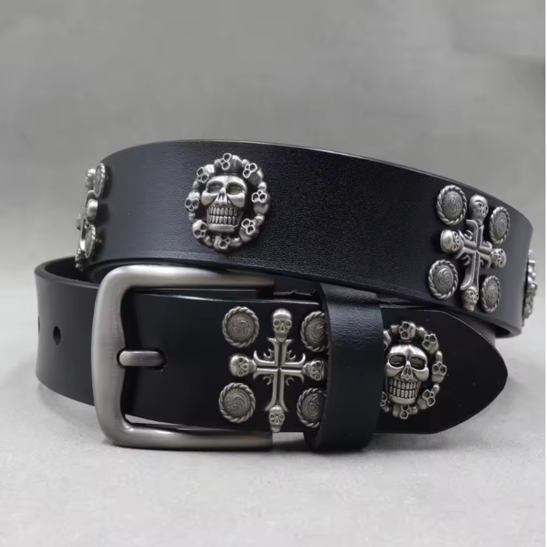 Amawinc Ceinture en Cuir Cloutée pour Homme avec Boucle Ajustable et Clous Crâne Argentés