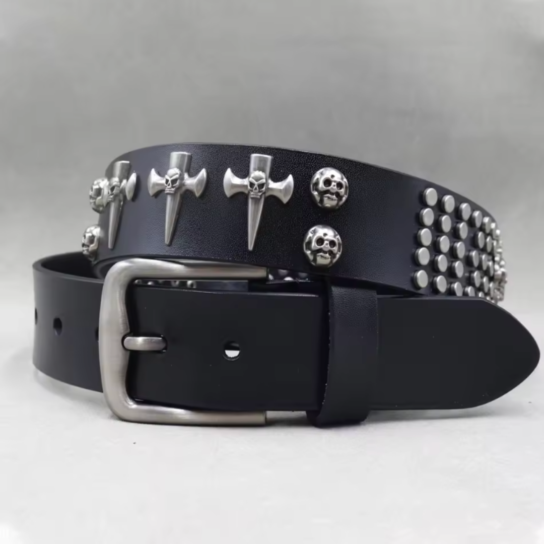 Amawinc Ceinture en Cuir Cloutée pour Homme avec Boucle Ajustable et Clous Crâne Argentés