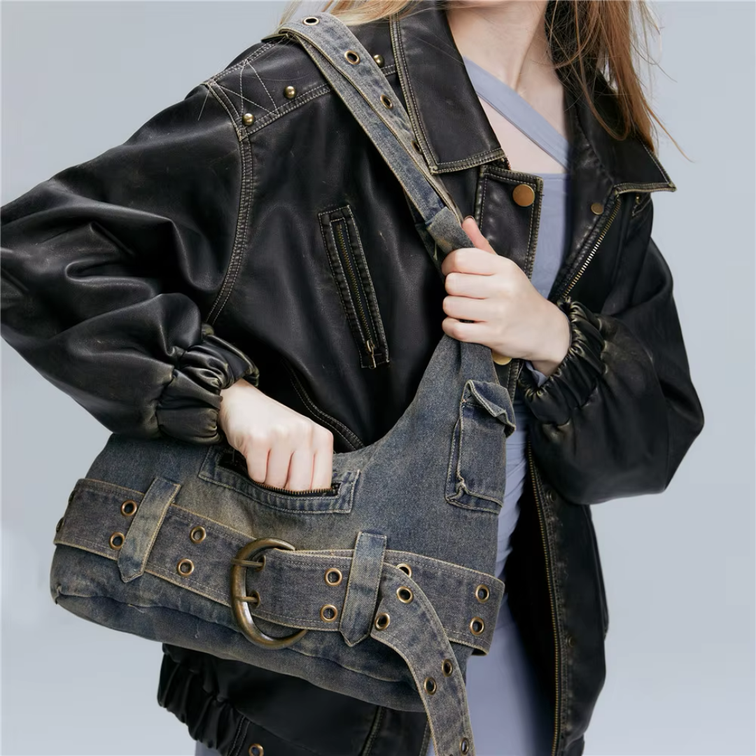 Sac Epaule Denim Cendre Amawinc Vintage Rebelle Denim Avec Beaucoup De Poches Pratiques
