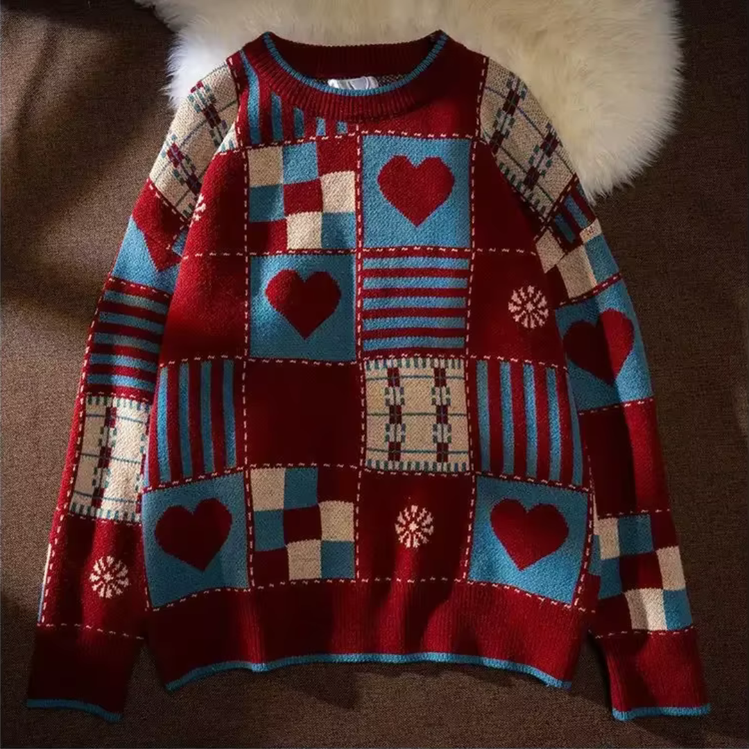 Pull Patchwork En Laine Hearth Avec Motifs Coeur Et Tricot Géométrique Vintage Pour Polyvalence Et Confort