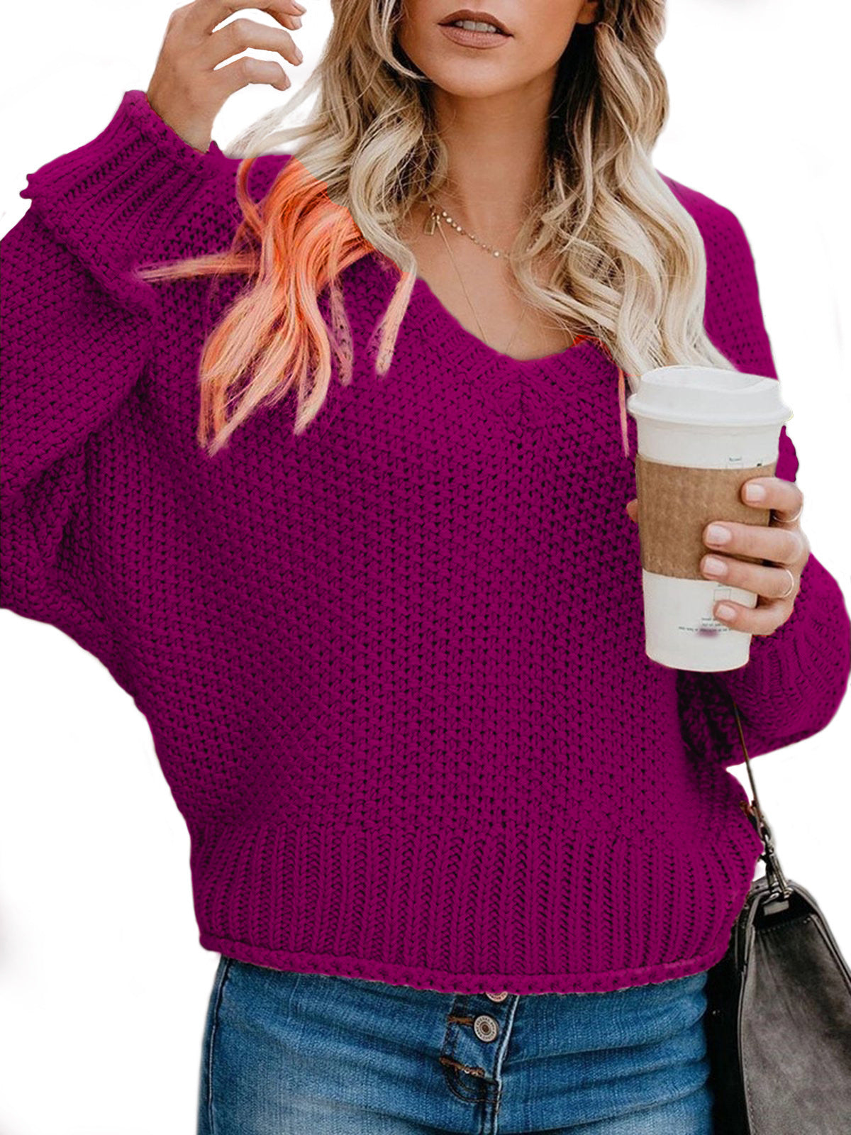 Damen Grobstrickpullover mit V-Ausschnitt und lässiger Passform Amawinc