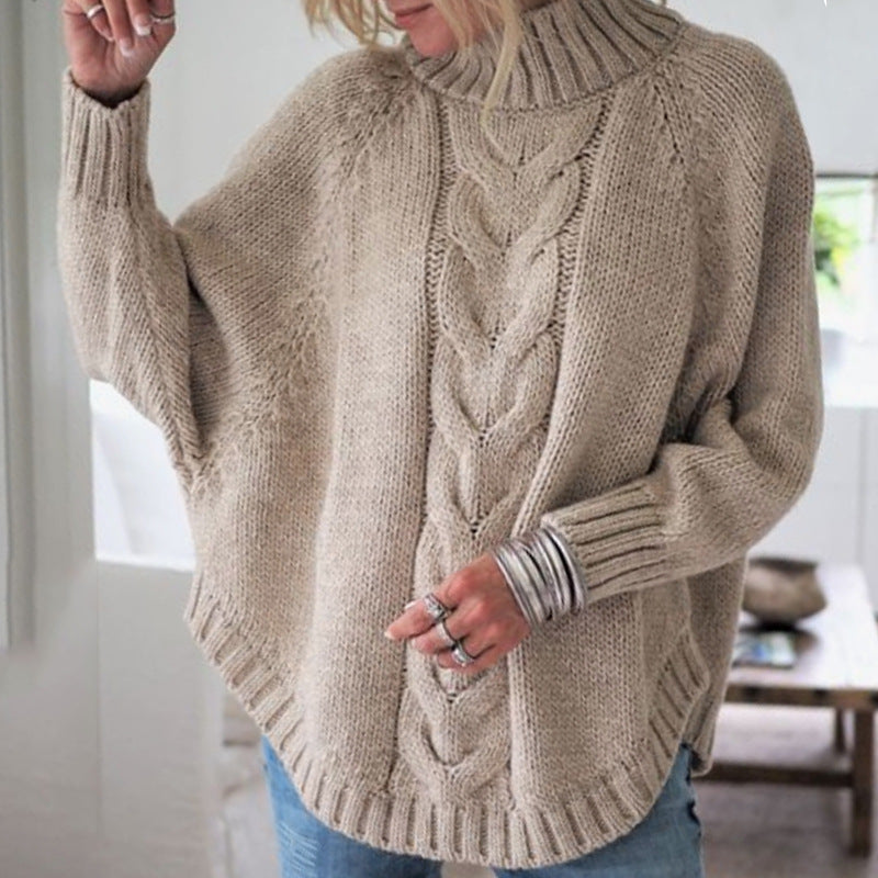 Damen Grobstrickpullover mit hohem Kragen und detailreicher Zopfmusterung Amawinc