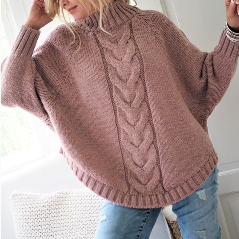 Damen Grobstrickpullover mit hohem Kragen und detailreicher Zopfmusterung Amawinc