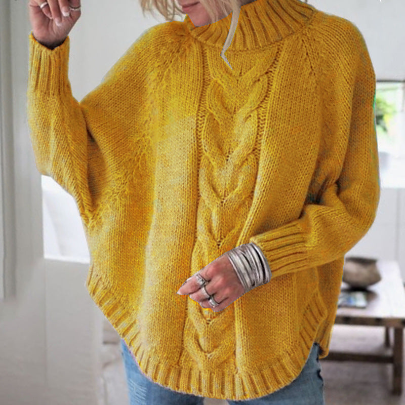 Damen Grobstrickpullover mit hohem Kragen und detailreicher Zopfmusterung Amawinc