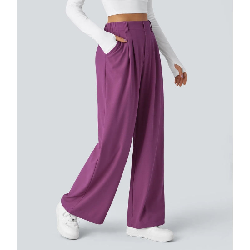 Nomi Pantalon Femme Taille Haute En Maille Gaufre Extensible Coupe Large Drapé Doux Confortable