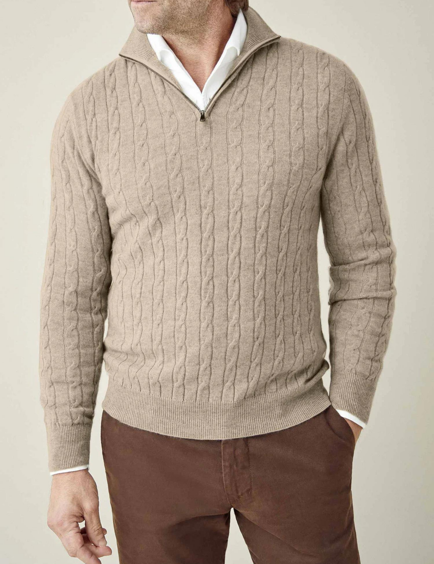 Pull Torsadé En Mélange Laine Avec Zip Demi Pour Style Smart Casual et Confort Quotidien