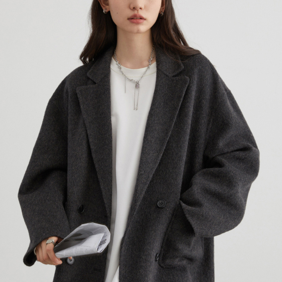 Manteau Trench en Laine Mélangée Luxueux Isolation Supérieure Confort Coupe Oversize Décontractée Boutonnage Double