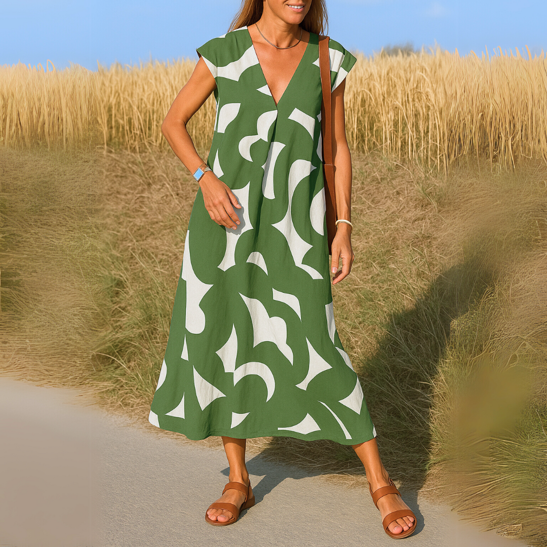 Robe Midi Col V Amawinc Imprimé Abstrait Respirante Et Structurée Pour Printemps Été