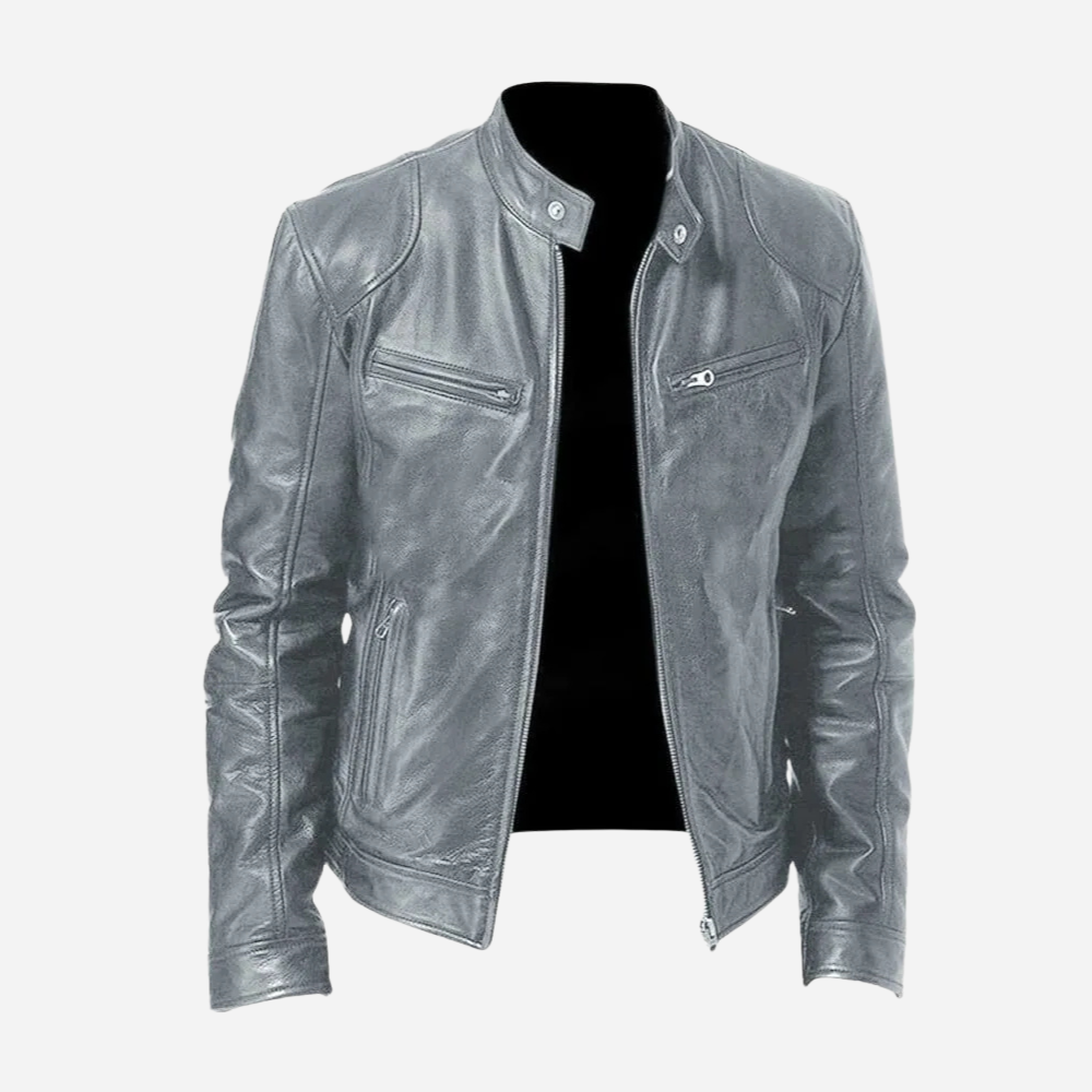 Veste Biker Homme en Cuir Véritable Slim Fit Col à Pressions et Fermeture Éclair