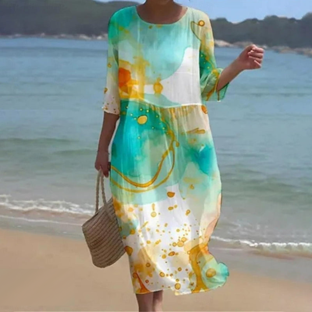 Robe Midi Florale Femme Légère Et Aérée Imprimé Floral Manches Trois Quarts Encolure Ronde Pour Été Confort